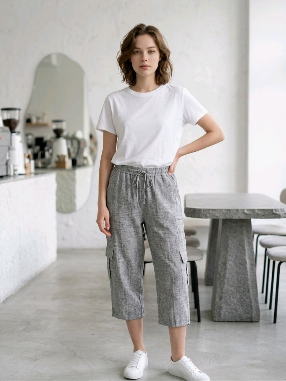 Flax M 100% Blue Linen Cargo Baggy Relaxed Fit Drawstring Waist Casual Crop Pant
